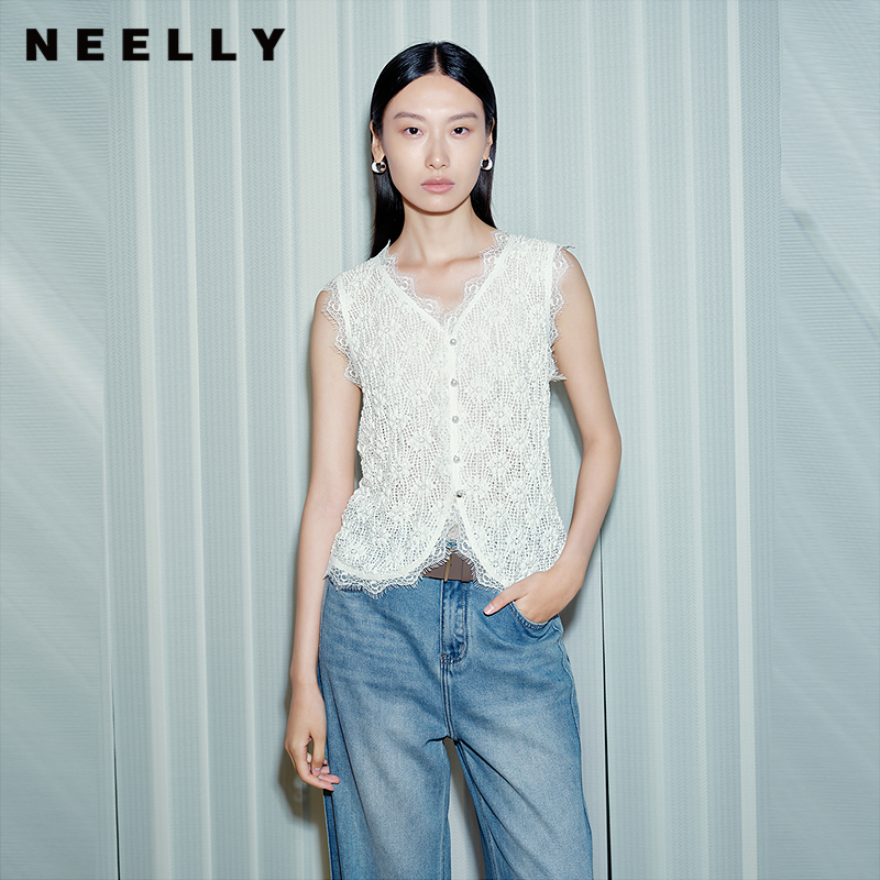 NEELLY纳俪商场同款秋季新款高弹泡泡针织蕾丝背心女气质舒适上衣