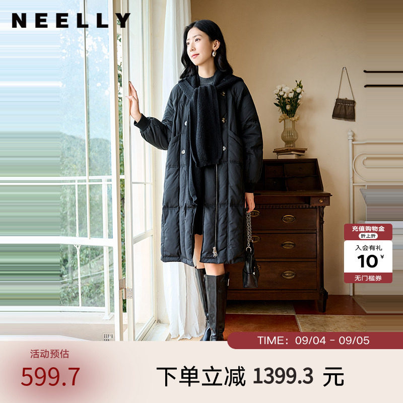 NEELLY纳俪商场同款冬季新款通勤简约毛领长款羽绒服女保暖外套