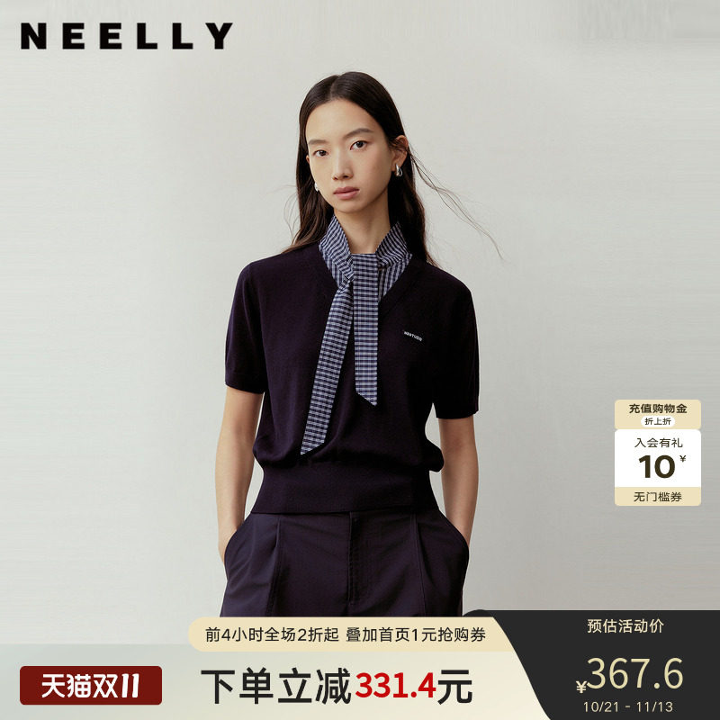 NEELLY纳俪商场同款秋季新款休闲通勤拼接短袖针织女复古宽松上衣