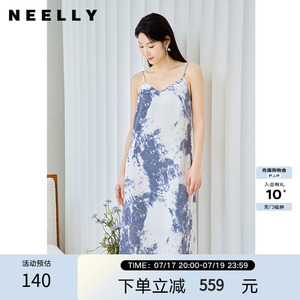 NEELLY纳俪春秋新款商场同款印花吊带连衣裙女高级感温柔风长裙