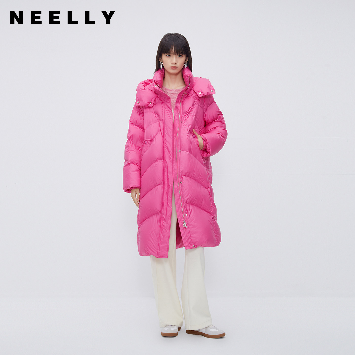 NEELLY纳俪商场同款茧型加厚羽绒服女冬季韩版连帽中长款过膝外套