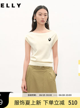 NEELLY纳俪商场同款夏新款设计感一字领针织衫女斜肩两穿显瘦上衣
