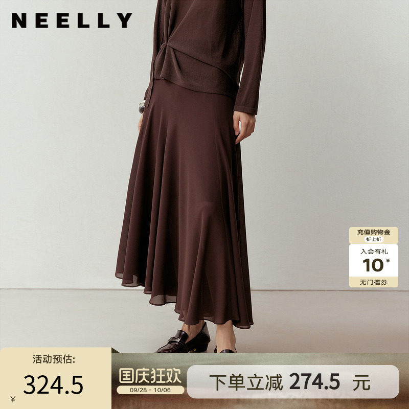 NEELLY纳俪商场同款春季新款优雅飘逸雪纺半身裙女慵懒百搭长裙