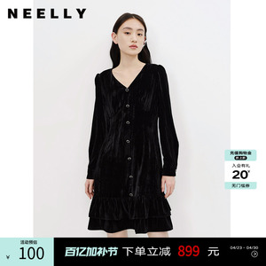 NEELLY纳俪商场同款黑色连衣裙女气质v领中长款A字裙夏季新款