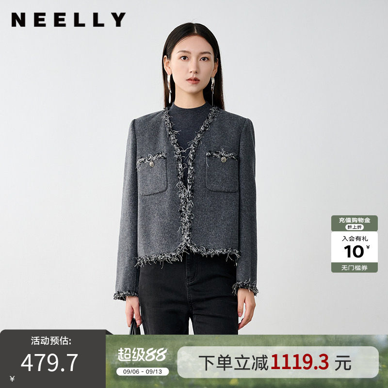 NEELLY纳俪商场同款冬新款小香风绵羊毛通勤短款灰色双面呢大衣女