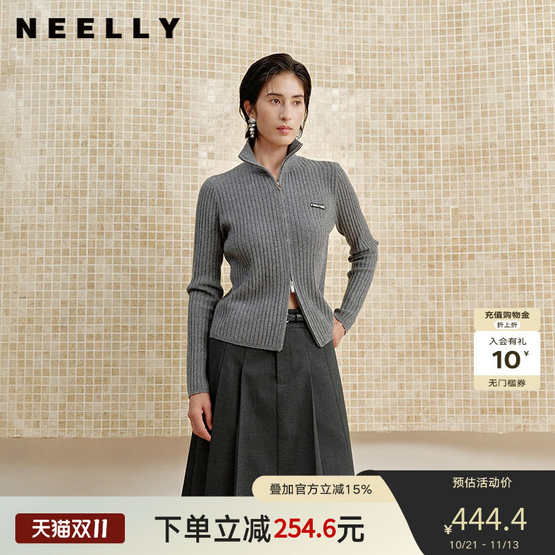 NEELLY纳俪商场同款冬季新款高领修身拉链针织开衫女显瘦清新毛衣