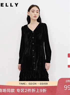 NEELLY纳俪商场同款黑色连衣裙女气质v领中长款A字裙夏季新款