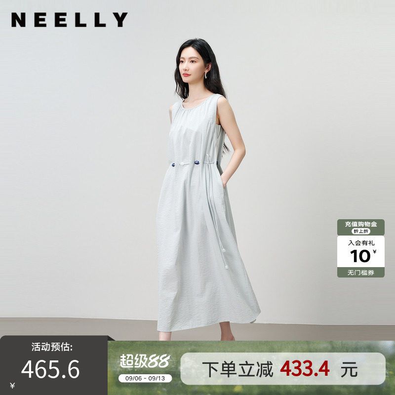 NEELLY纳俪商场同款夏季新款休闲无袖收腰连衣裙女圆领松弛感长裙