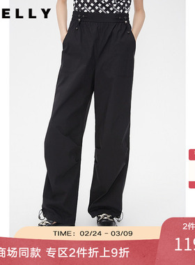 NEELLY纳俪商场同款秋季黑色高腰工装裤女休闲潮酷美式辣妹直筒裤