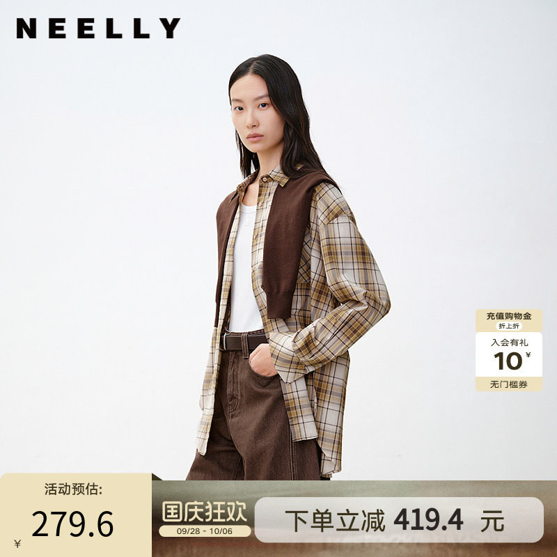 NEELLY纳俪商场同款春秋新款复古休闲格纹长袖衬衫女通勤宽松外套