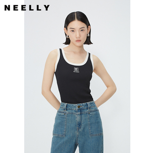 時(shí)尚 撞色無(wú)袖 夏季 背心女修身 顯瘦套頭上衣 新款 NEELLY納儷商場(chǎng)同款