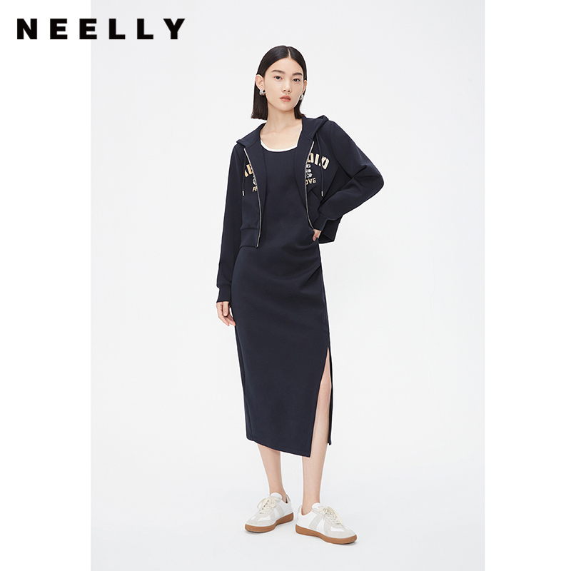 NEELLY纳俪商场同款运动休闲套装女春开叉吊带连衣裙连帽卫衣外套
