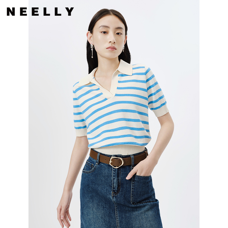 NEELLY纳俪商场同款气质v领针织衫女短袖条纹毛衣套头衫修身百搭