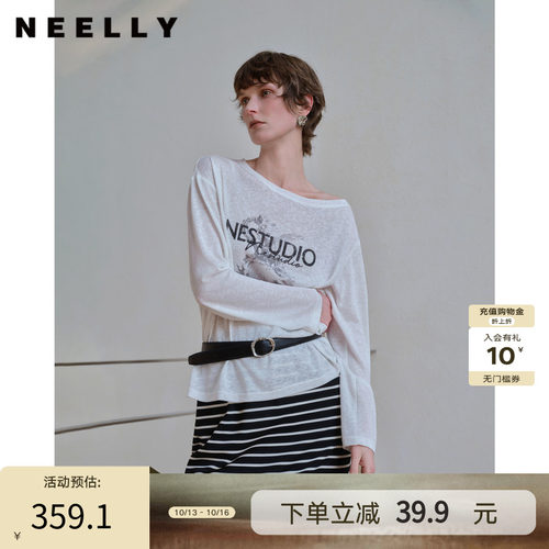 NEELLY纳俪商场同款夏季新款一字肩薄款印花T恤女宽松舒适上衣