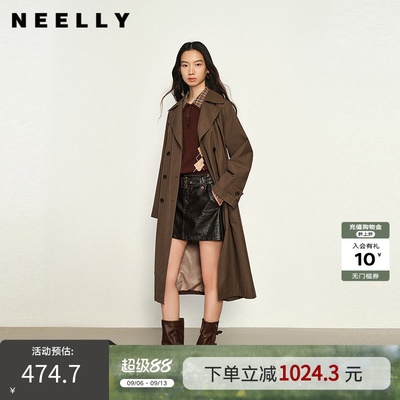 NEELLY纳俪商场同款夏新款休闲双排扣风衣女长款收腰通勤百搭外套