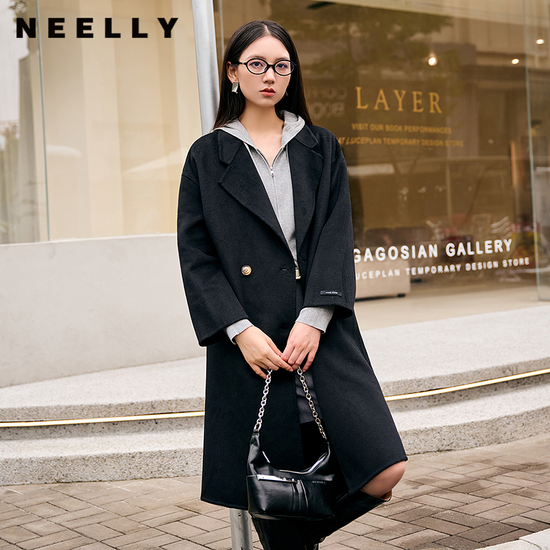 NEELLY纳俪商场同款冬季新款廓形绵羊毛双面毛呢大衣黑色外套女