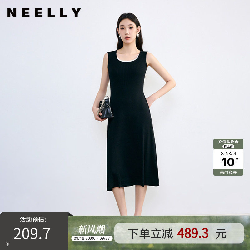 NEELLY纳俪春秋新款商场同款假两件休闲背心黑色针织连衣裙女