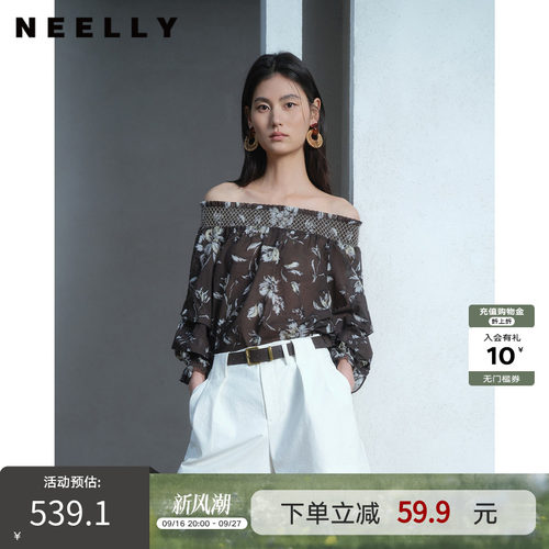 NEELLY纳俪商场同款夏季新款复古碎花一字肩雪纺衫女宽松舒适上衣