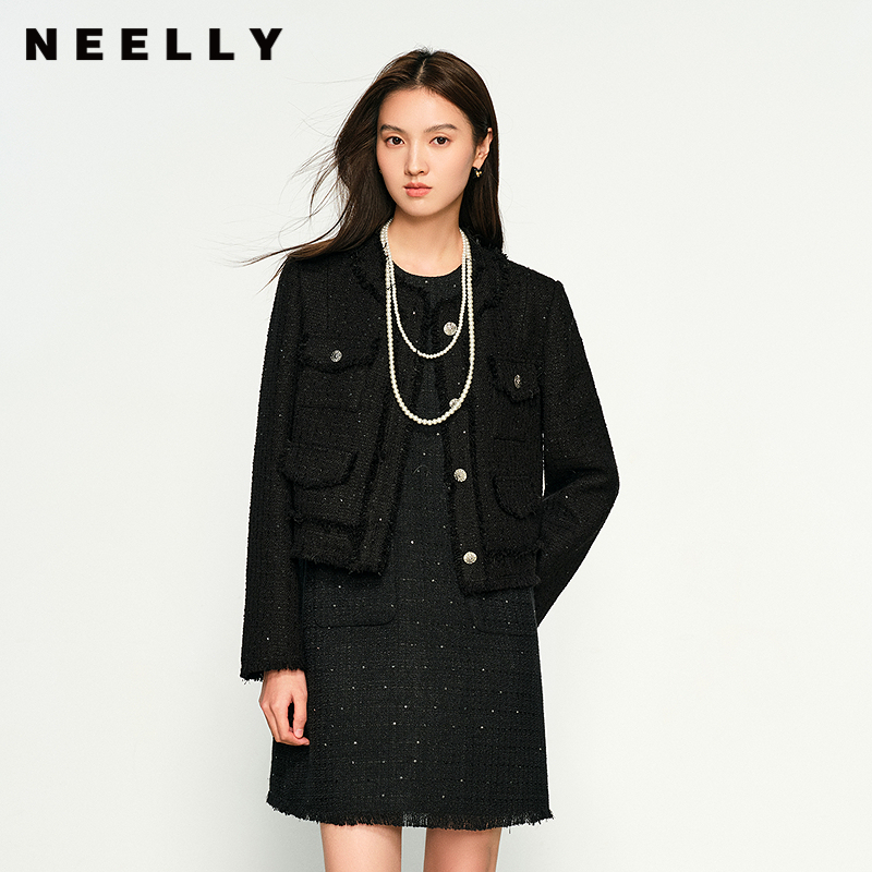 NEELLY纳俪商场同款秋冬新款时尚小香风毛边花呢正肩短外套女