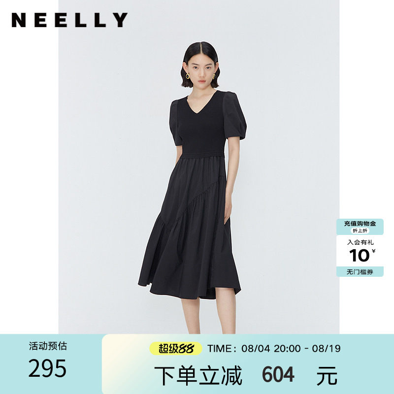 NEELLY纳俪商场同款夏季新款针织拼接短袖连衣裙女V领优雅长裙