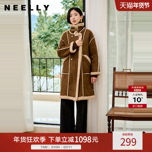 NEELLY纳俪商场同款冬季新款复古美拉德麂皮绒保暖外套女长款大衣