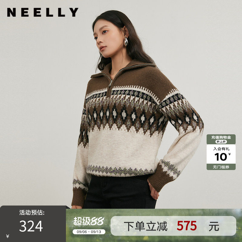 NEELLY纳俪商场同款冬新款polo领条纹针织衫女软糯百搭费尔岛毛衣