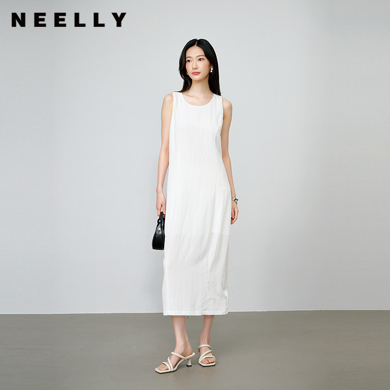 NEELLY纳俪商场同款秋季新款气质圆领无袖背心裙女百搭舒适长裙