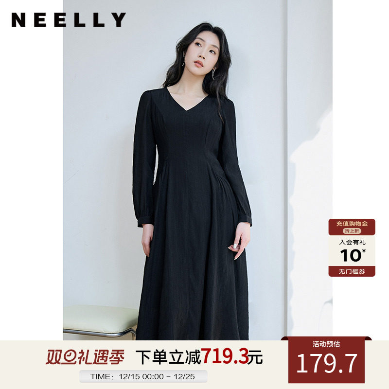 NEELLY/纳俪黑色V领中长款连衣裙
