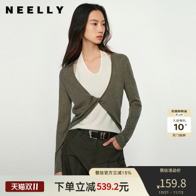 NEELLY纳俪商场同款春新款设计感假两件针织衫女高级显瘦挂脖上衣