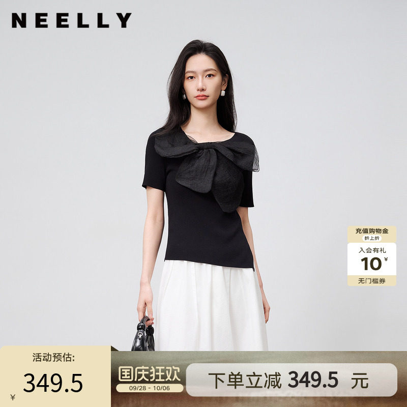 NEELLY纳俪商场同款夏新款法式气质蝴蝶结针织衫女修身显瘦短上衣