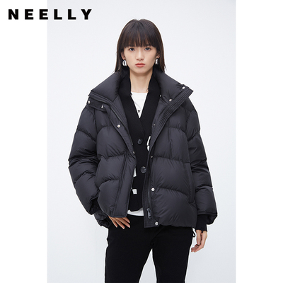 NEELLY纳俪商场同款棋盘格针织假两件羽绒服女短款冬黑色立领上衣