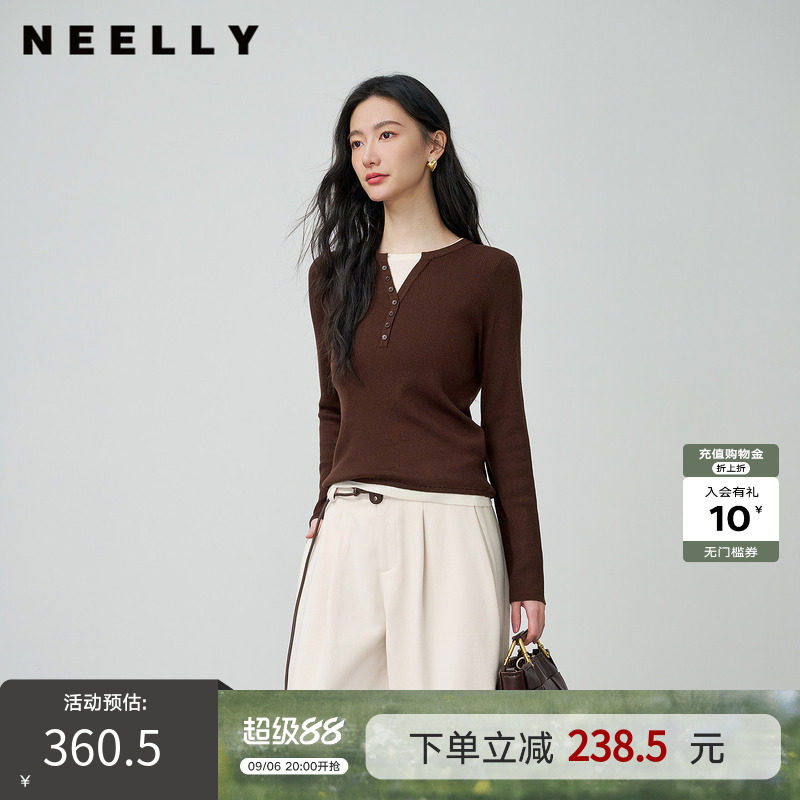 NEELLY纳俪商场同款秋季新款时尚修身假两件针织衫女显瘦休闲上衣