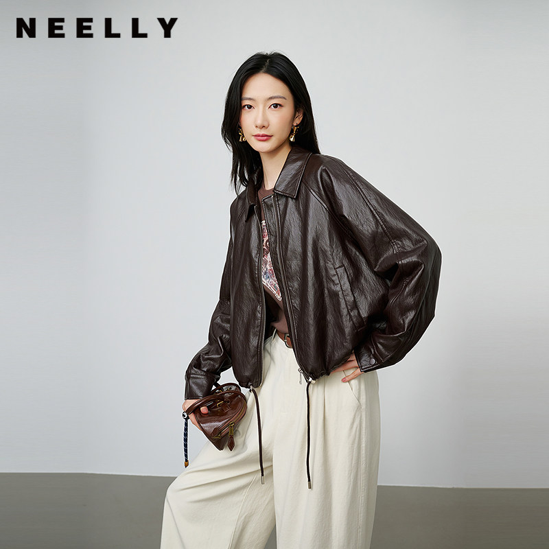 NEELLY纳俪商场同款秋季新款简约机车短款皮衣女休闲松弛短外套