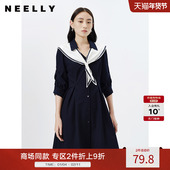 气质收腰中长款 NEELLY纳俪商场同款 学院海军领连衣裙女七分袖 裙子