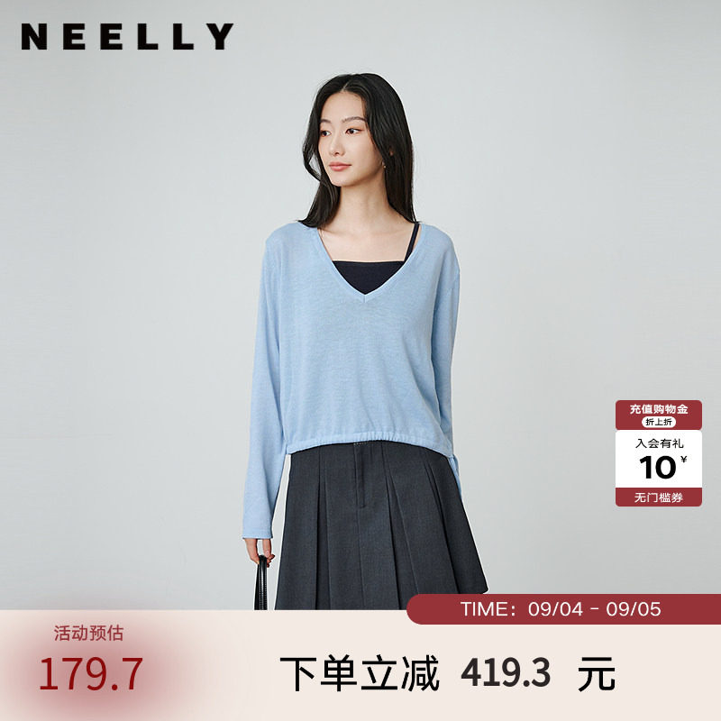 NEELLY纳俪商场同款春秋新款V领宽松减龄针织衫女简约舒适T恤上衣