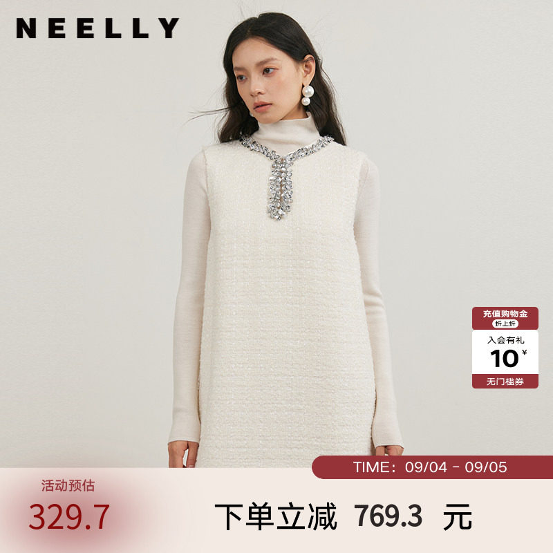 NEELLY纳俪商场同款冬季新款小香风圆领背心裙女直筒显瘦连衣裙