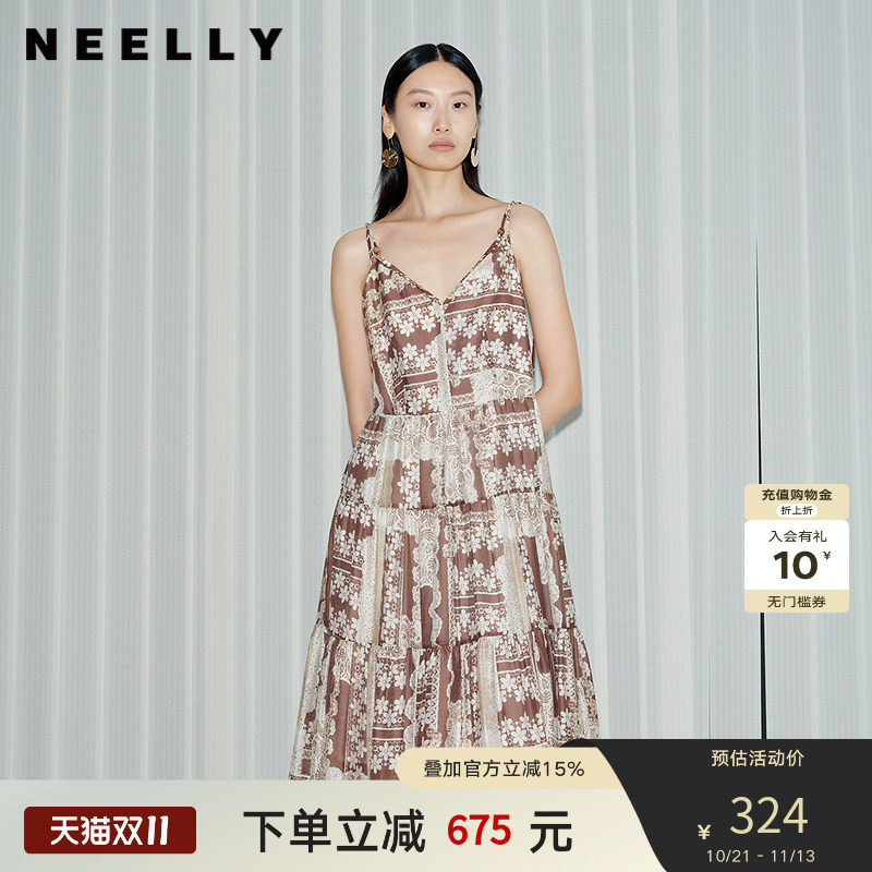 NEELLY纳俪商场同款春新款气质印花吊带连衣裙女中长款收腰A字裙