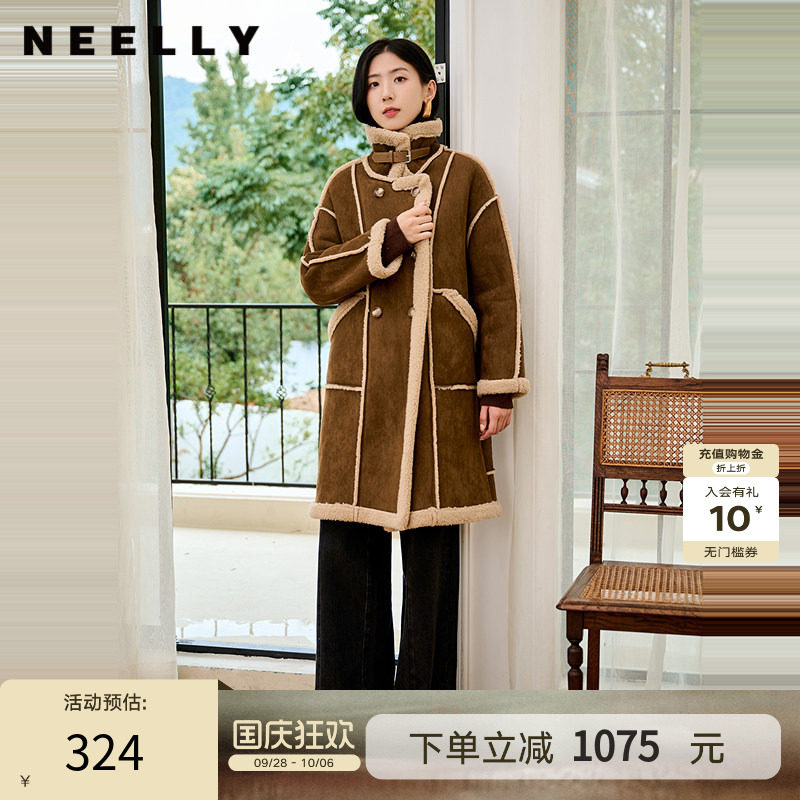 NEELLY纳俪商场同款冬季新款复古美拉德麂皮绒保暖外套女长款大衣