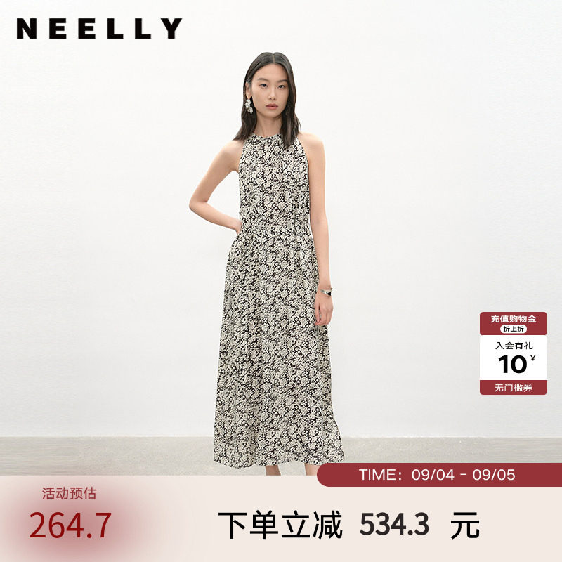 NEELLY纳俪商场同款夏季新款黑白碎花挂脖连衣裙女复古休闲中长裙