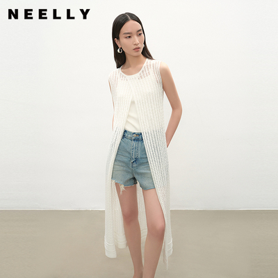 NEELLY纳俪商场同款夏季新款前开叉设计感亚麻纱裙女休闲时尚长裙