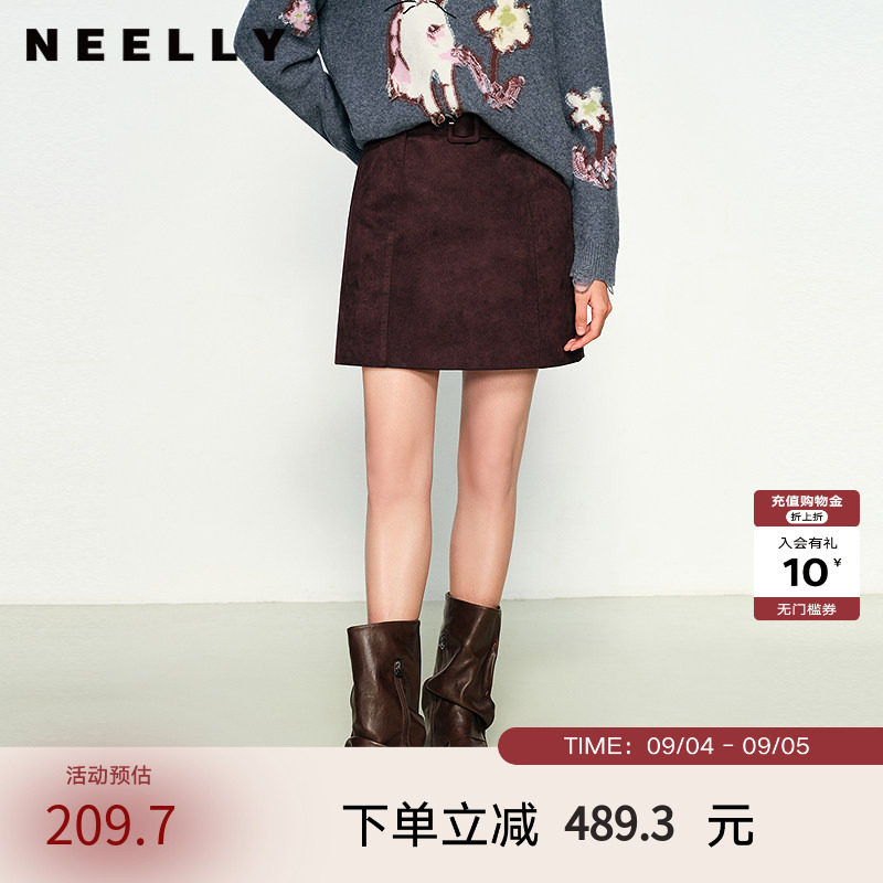 NEELLY纳俪商场同款春秋新款复古显白高腰短裙女简约显瘦A字裙