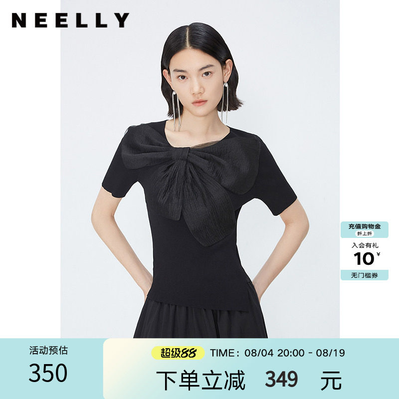 NEELLY纳俪商场同款夏季新款黑色套头针织衫女薄款网纱蝴蝶结上衣