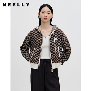 复古休闲外套女 NEELLY纳俪商场同款 老花纹样连帽针织开衫 春季 新款