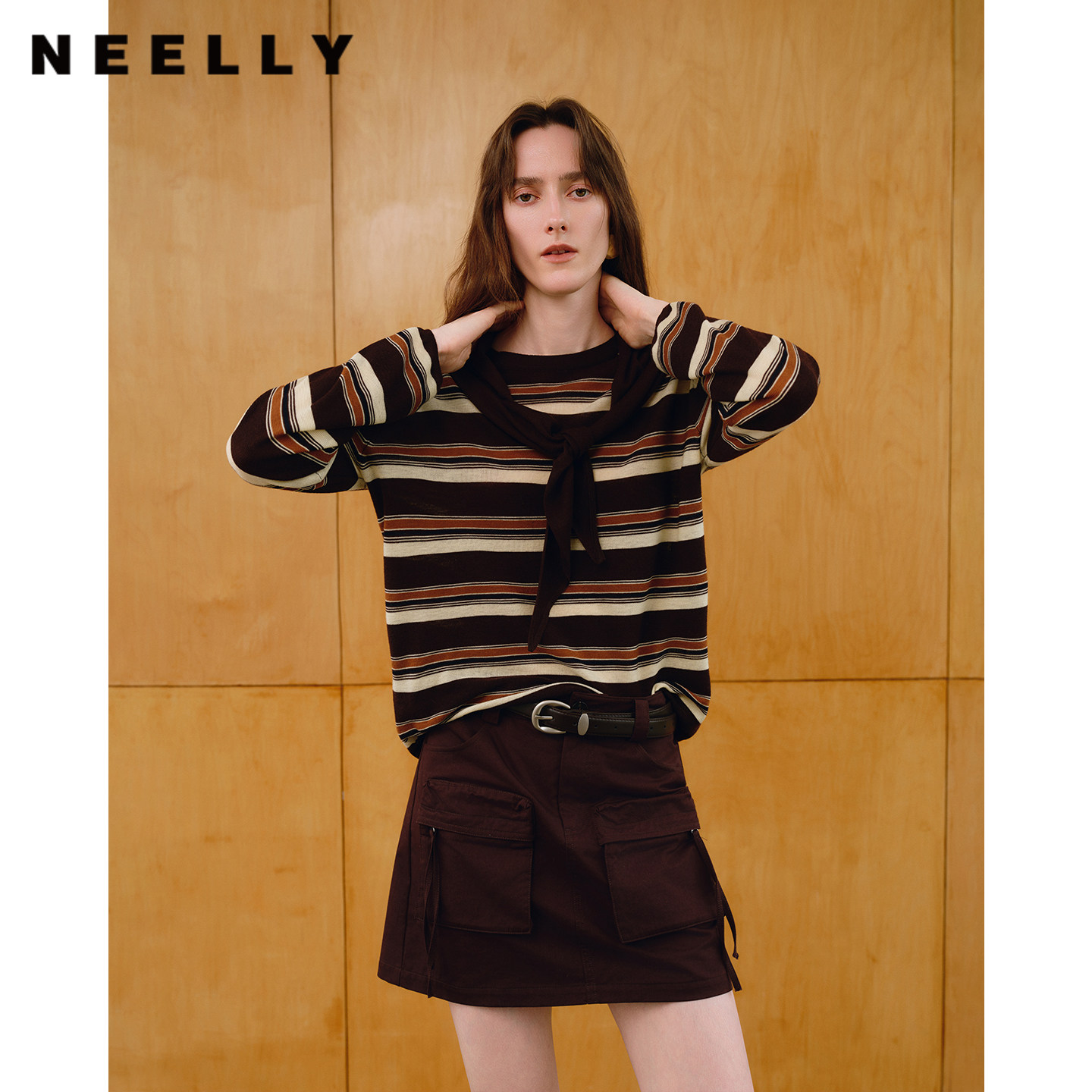 NEELLY纳俪商场同款秋新款复古条纹披肩针织衫女薄款亲肤休闲上衣
