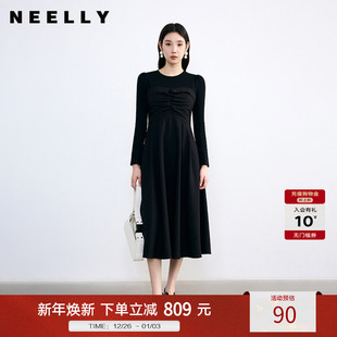 NEELLY纳俪秋新款 设计感拼接黑色连衣裙女气质通勤显瘦百搭中长裙