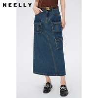 NEELLY納儷商場同款春款港風(fēng)機能中長款半身裙女純棉后開叉牛仔裙