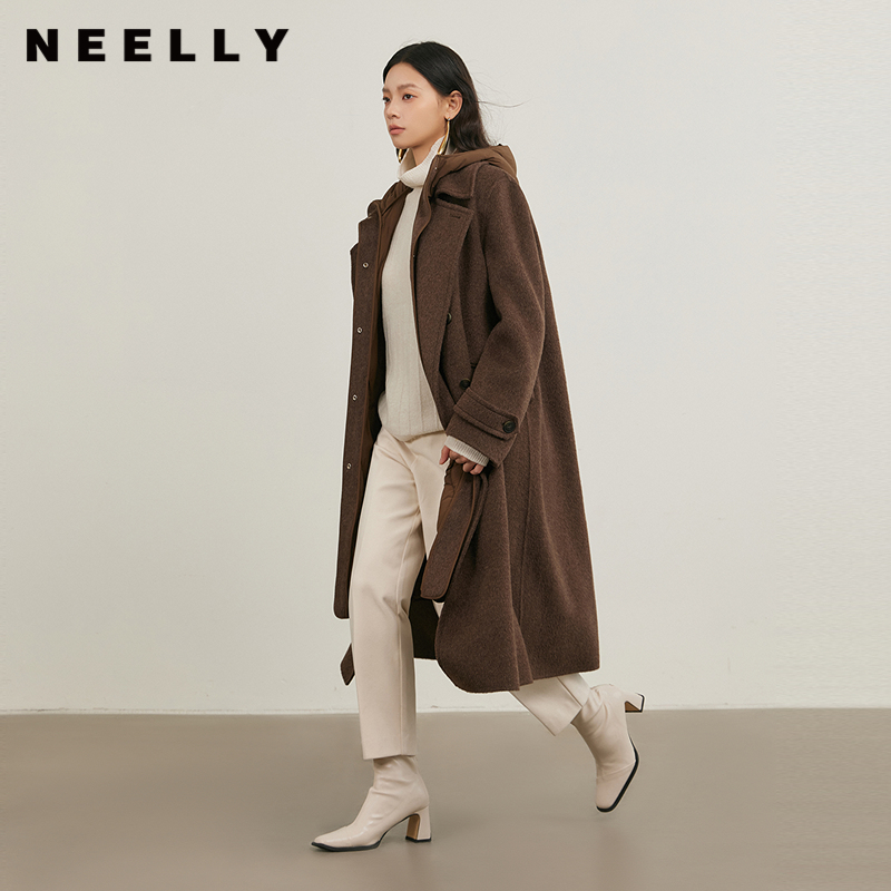 NEELLY纳俪商场同款冬季新款可拆卸羽绒马甲款毛呢大衣女通勤外套