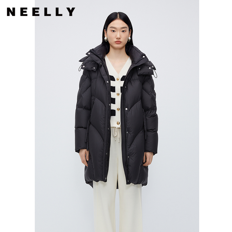 中长款连帽羽绒服女NEELLY纳俪商场同款设计感时尚蓬松白鸭绒外套