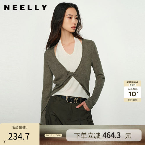 NEELLY纳俪商场同款春新款设计感假两件针织衫女高级显瘦挂脖上衣