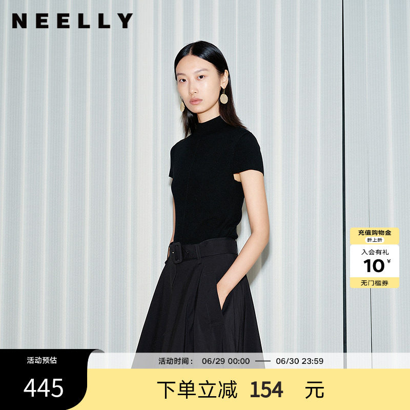 NEELLY纳俪商场同款夏季新款气质半高领短款针织衫女黑色修身上衣